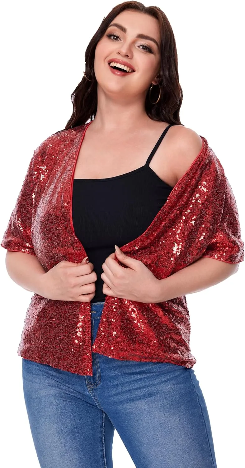 Women's Sequin Jacket Sparkly Cardigan Short Sleeve Open Front Blazer Loose Casual Party Blouse Tops