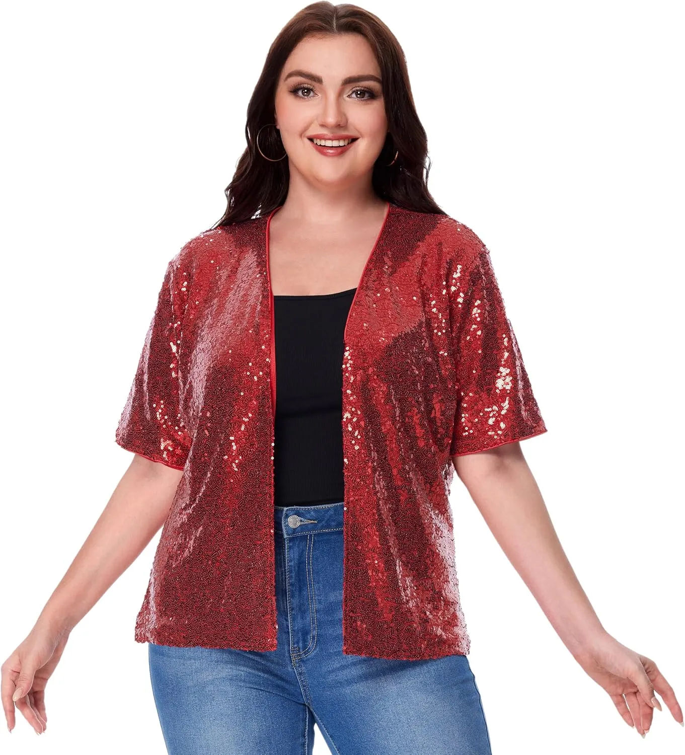 Women's Sequin Jacket Sparkly Cardigan Short Sleeve Open Front Blazer Loose Casual Party Blouse Tops