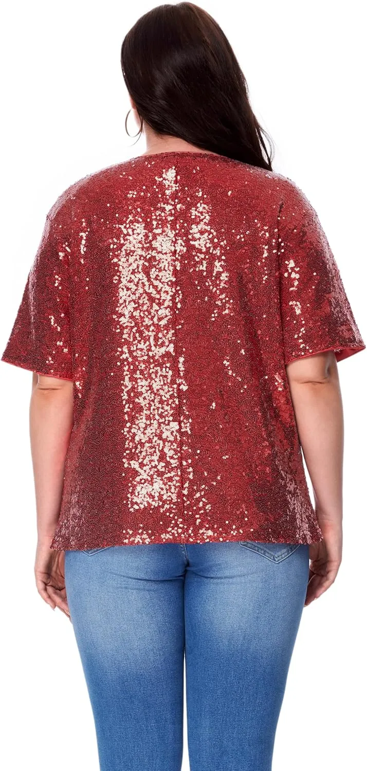 Women's Sequin Jacket Sparkly Cardigan Short Sleeve Open Front Blazer Loose Casual Party Blouse Tops