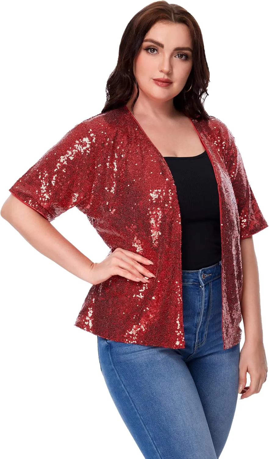 Women's Sequin Jacket Sparkly Cardigan Short Sleeve Open Front Blazer Loose Casual Party Blouse Tops