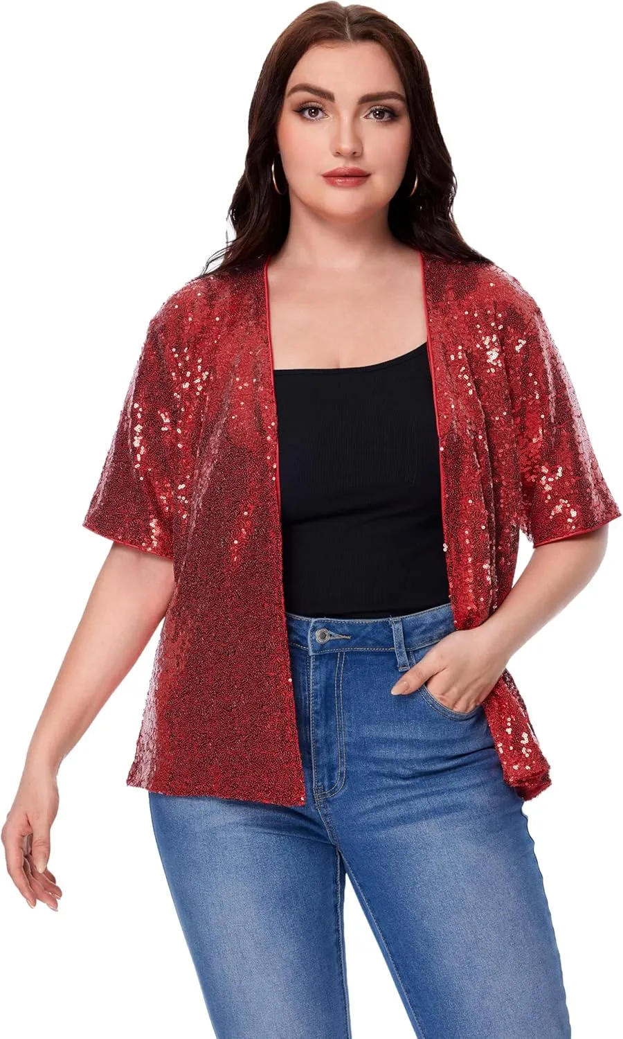 Women's Sequin Jacket Sparkly Cardigan Short Sleeve Open Front Blazer Loose Casual Party Blouse Tops