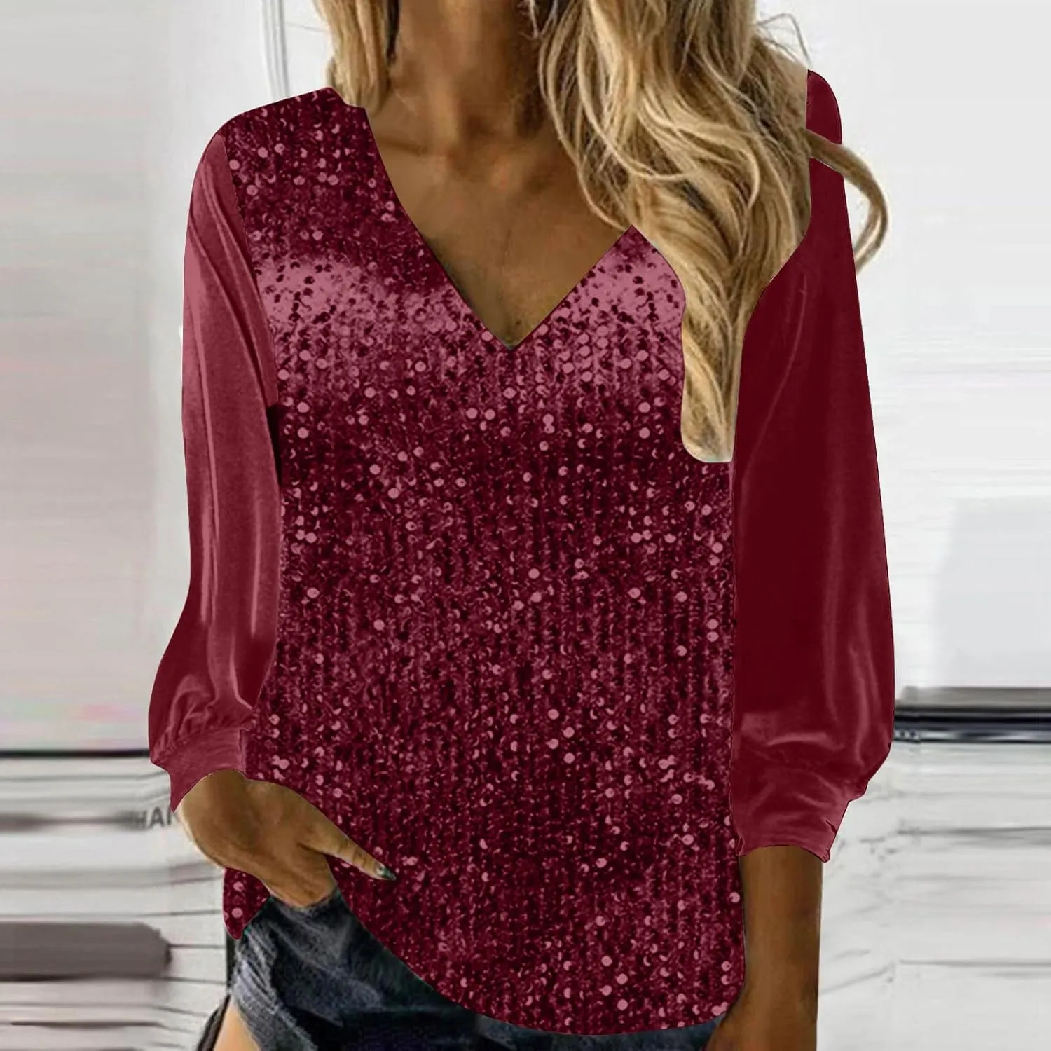 Women's Sequin Tops Sheer Long Sleeve Glitter Sparkly Party Blouse Velvet V-Neck Dressy Tops for Evening Party