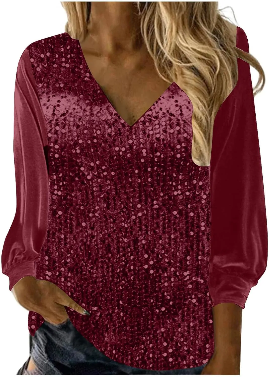 Women's Sequin Tops Sheer Long Sleeve Glitter Sparkly Party Blouse Velvet V-Neck Dressy Tops for Evening Party
