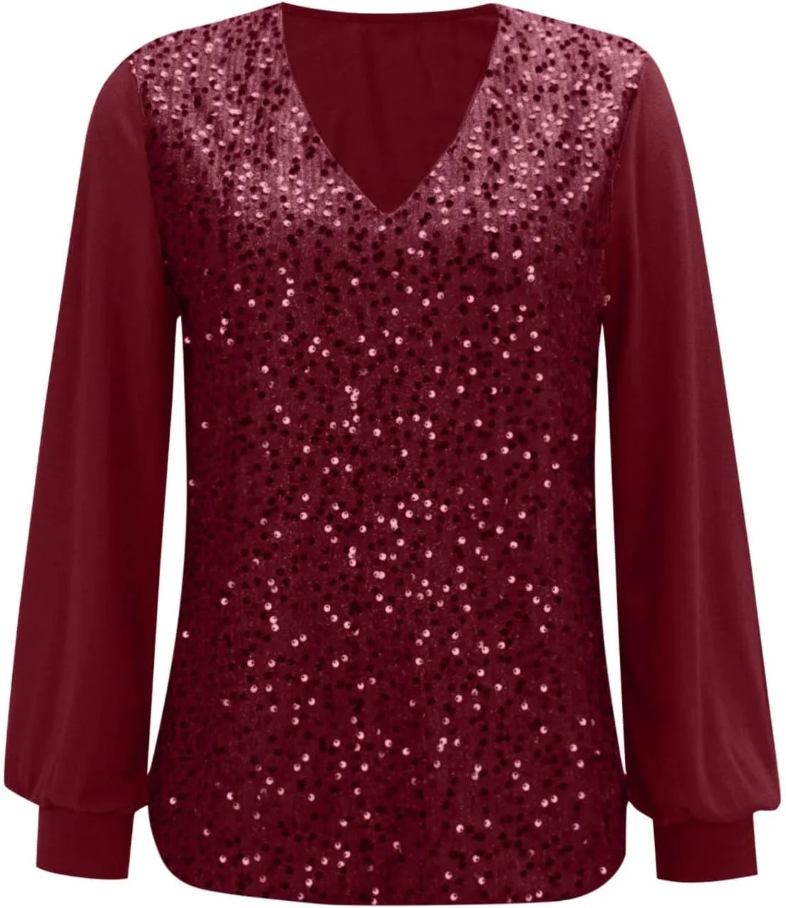 Women's Sequin Tops Sheer Long Sleeve Glitter Sparkly Party Blouse Velvet V-Neck Dressy Tops for Evening Party