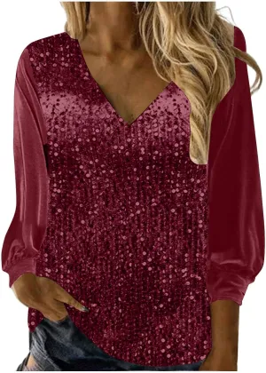 Women's Sequin Tops Sheer Long Sleeve Glitter Sparkly Party Blouse Velvet V-Neck Dressy Tops for Evening Party