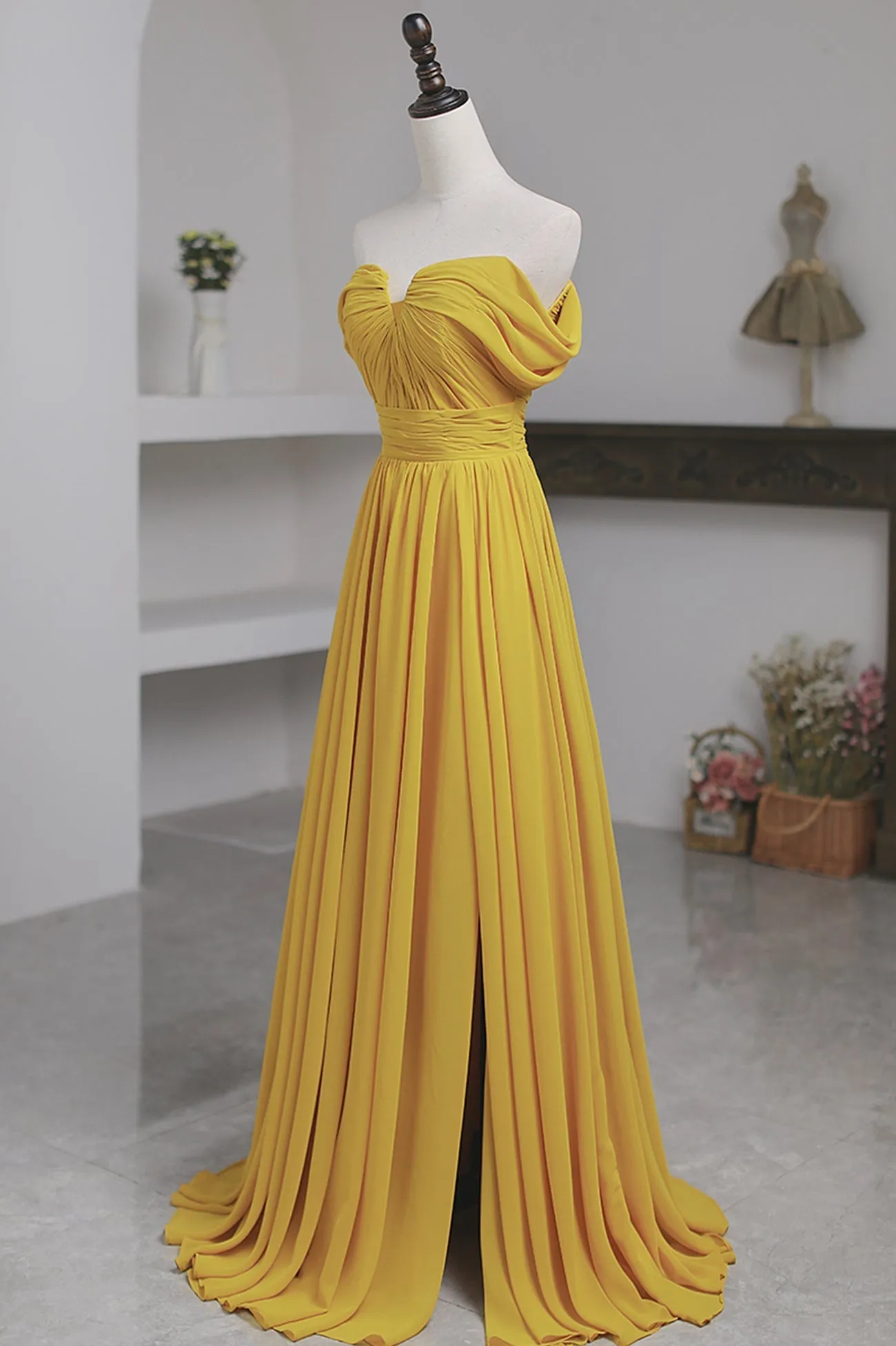 Yellow Chiffon Long A-Line Prom Dress, Simple Yellow Evening Dress with Slit