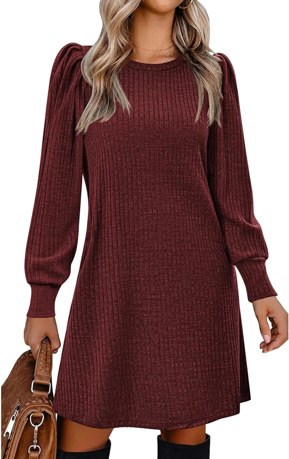 Zeagoo Women Knit Dress Puff Long Sleeve Dress for Fall Winter Round Neck Casual Tunic Dress