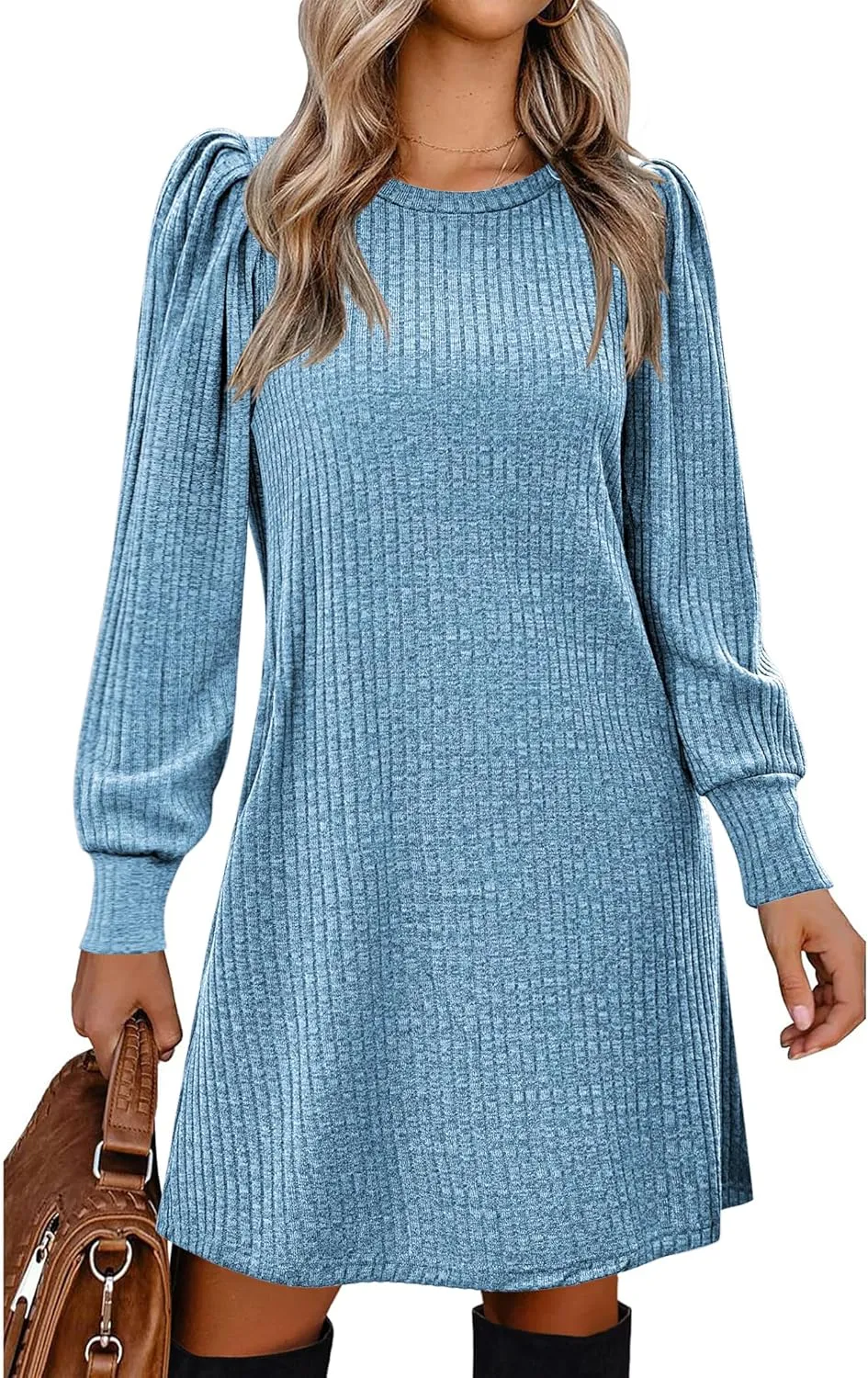 Zeagoo Women Knit Dress Puff Long Sleeve Dress for Fall Winter Round Neck Casual Tunic Dress