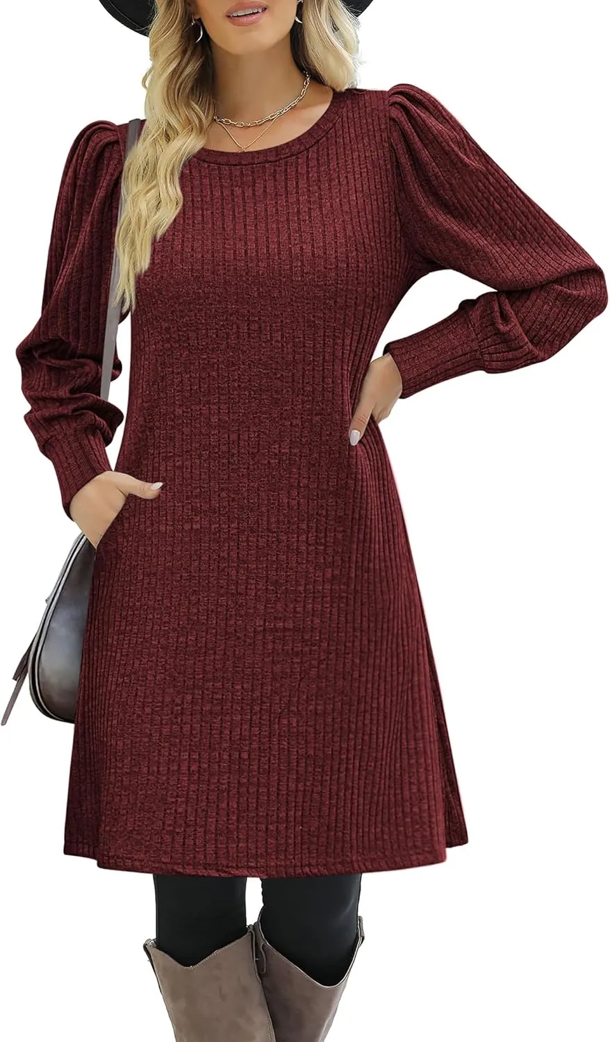 Zeagoo Women Knit Dress Puff Long Sleeve Dress for Fall Winter Round Neck Casual Tunic Dress
