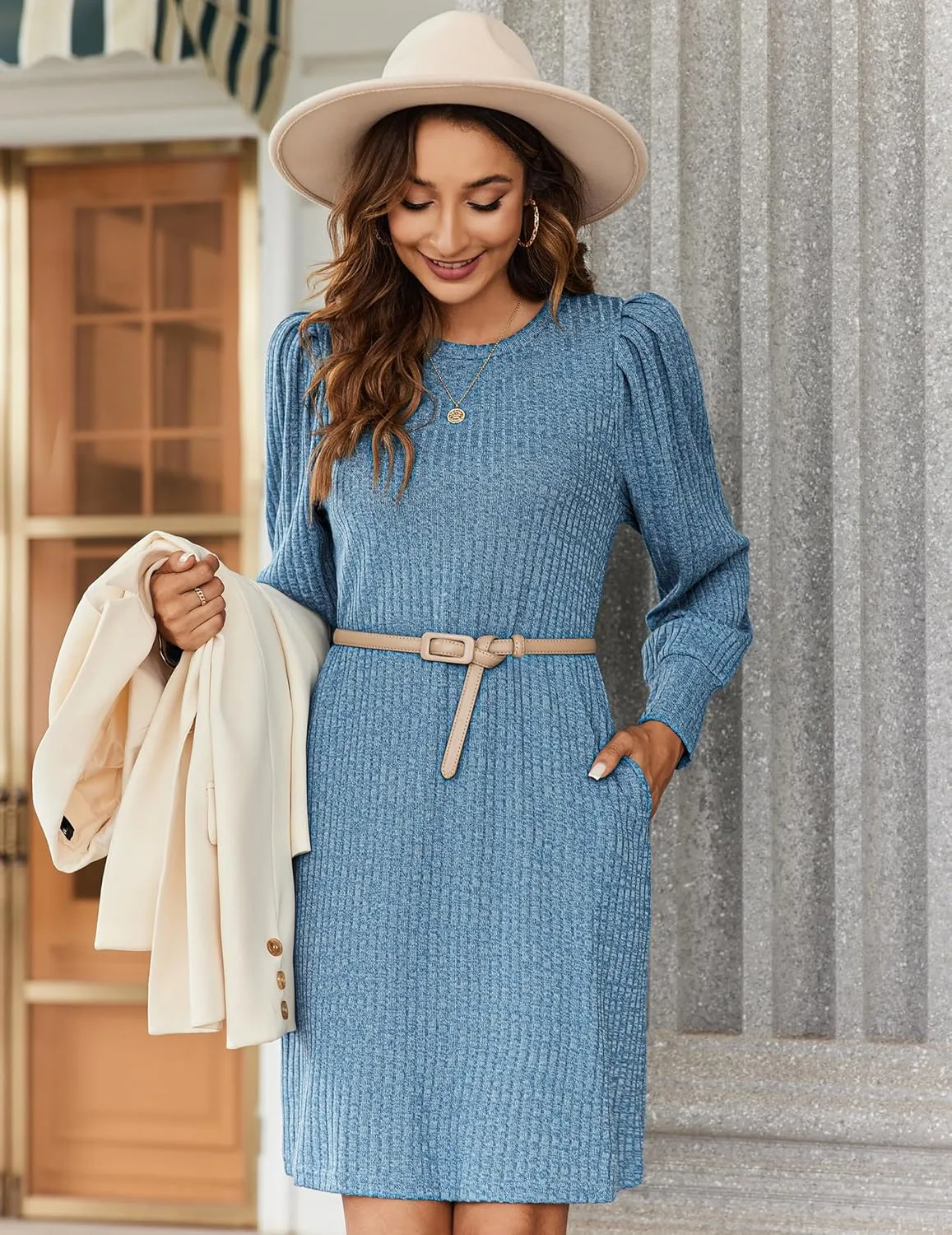 Zeagoo Women Knit Dress Puff Long Sleeve Dress for Fall Winter Round Neck Casual Tunic Dress