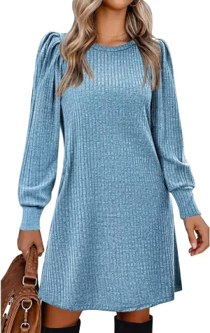 Zeagoo Women Knit Dress Puff Long Sleeve Dress for Fall Winter Round Neck Casual Tunic Dress