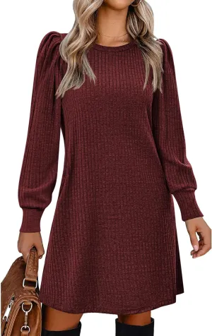 Zeagoo Women Knit Dress Puff Long Sleeve Dress for Fall Winter Round Neck Casual Tunic Dress